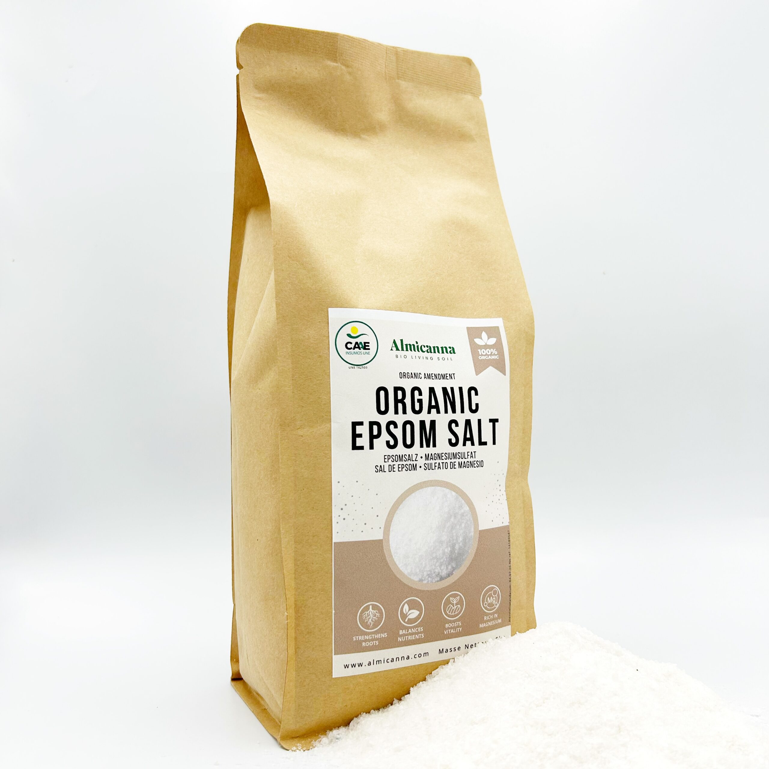 Brown paper bag standing upright in snow labeled Organic Epsom Salt (bag on a snowy surface).